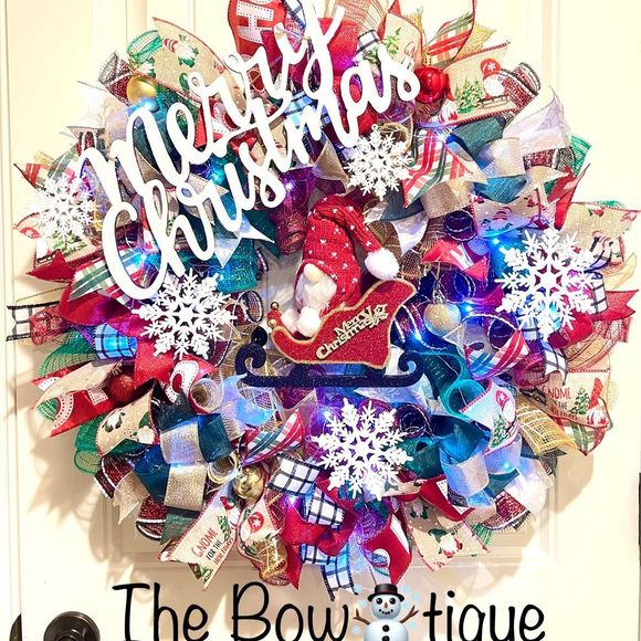 Handmade Christmas Gnome in Sleigh Holiday Ribbon Door Wreath 26 ins LED XLW3 - Picture 1 of 12